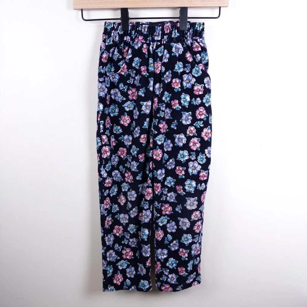 Vintage 90s OshKosh B'gosh‎ Corduroy Pants Kids 5 Navy Blue Floral Made in USA